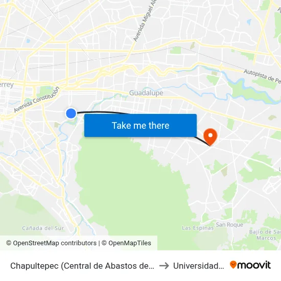 Chapultepec (Central de Abastos de Monterrey) to Universidad Edec map
