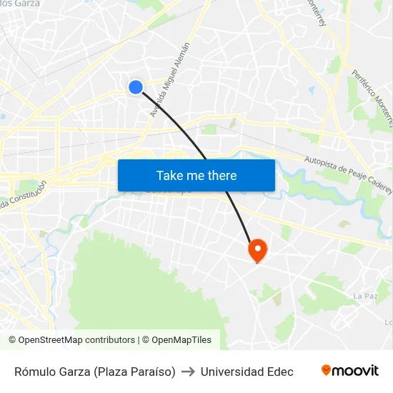 Rómulo Garza (Plaza Paraíso) to Universidad Edec map