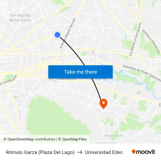 Rómulo Garza (Plaza Del Lago) to Universidad Edec map