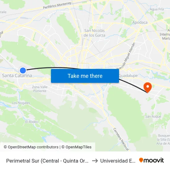 Perimetral Sur (Central - Quinta Oriente) to Universidad Edec map