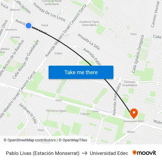 Pablo Livas (Estación Monserrat) to Universidad Edec map