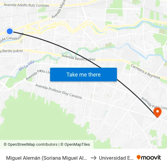 Miguel Alemán (Soriana Miguel Alemán) to Universidad Edec map