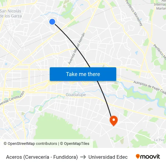 Aceros (Cervecería - Fundidora) to Universidad Edec map