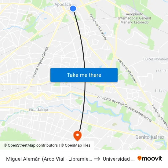 Miguel Alemán (Arco Vial - Libramiento Norte) to Universidad Edec map