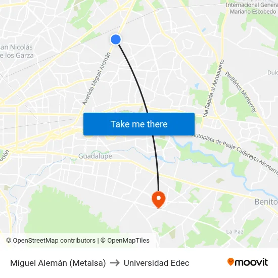 Miguel Alemán (Metalsa) to Universidad Edec map