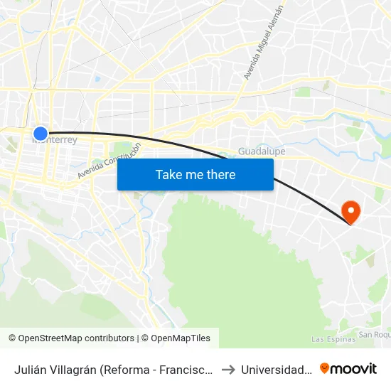 Julián Villagrán (Reforma - Francisco I. Madero) to Universidad Edec map
