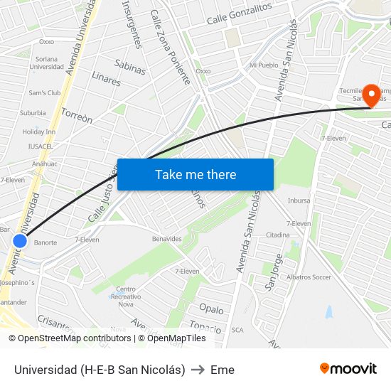 Universidad (H-E-B San Nicolás) to Eme map
