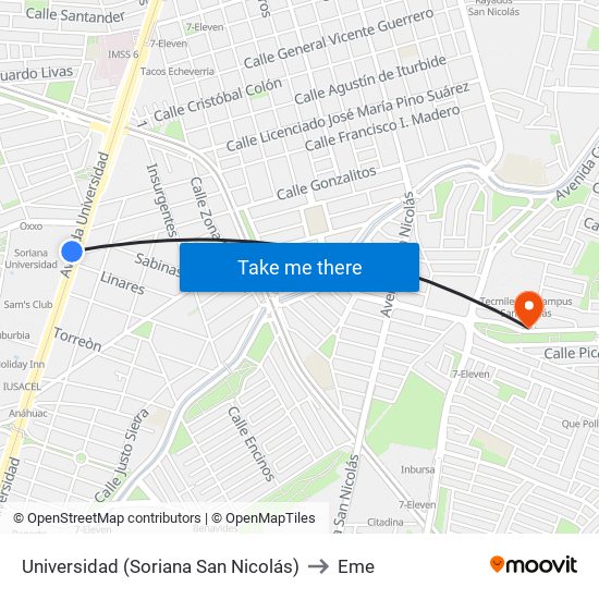 Universidad (Soriana San Nicolás) to Eme map
