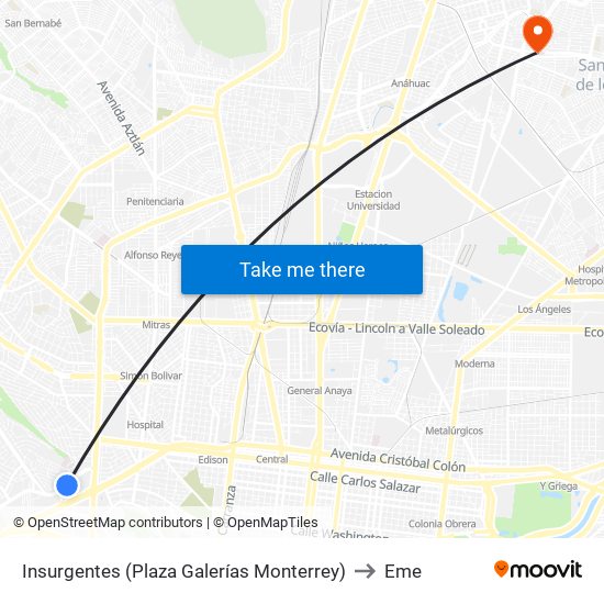 Insurgentes (Plaza Galerías Monterrey) to Eme map