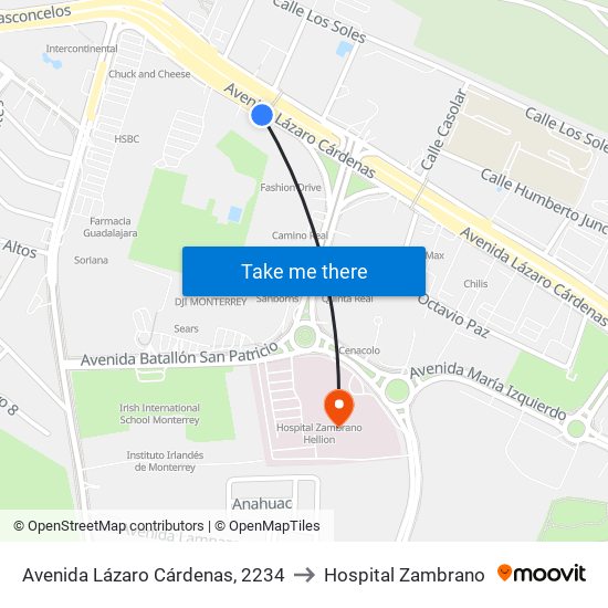 Avenida Lázaro Cárdenas, 2234 to Hospital Zambrano map