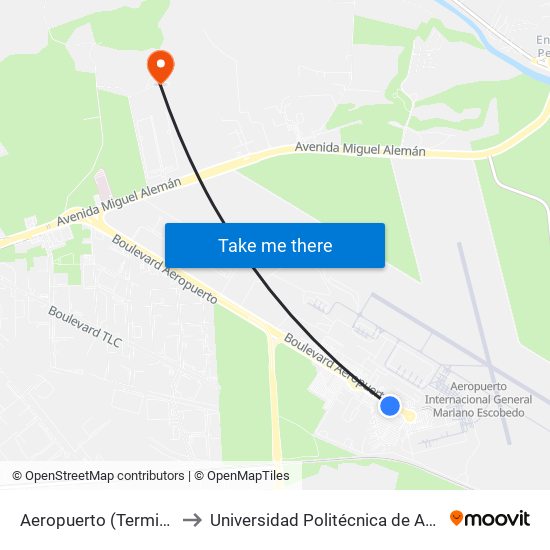 Aeropuerto (Terminal A) to Universidad Politécnica de Apodaca map