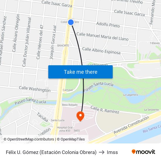 Félix U. Gómez (Estación Colonia Obrera) to Imss map