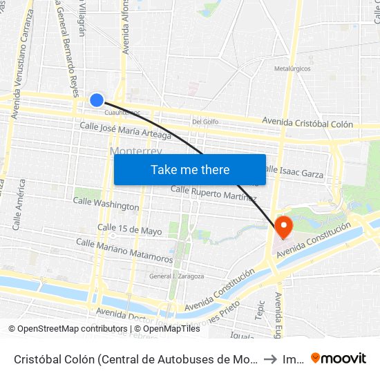 Cristóbal Colón (Central de Autobuses de Monterrey) to Imss map