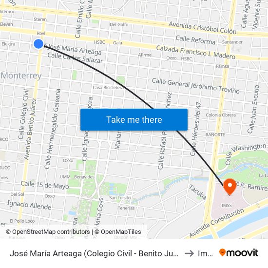 José María Arteaga (Colegio Civil - Benito Juárez) to Imss map