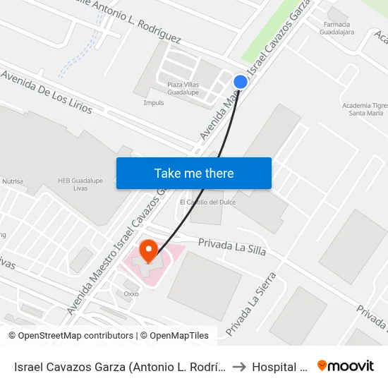 Israel Cavazos Garza (Antonio L. Rodríguez - Los Lirios) to Hospital Centra map