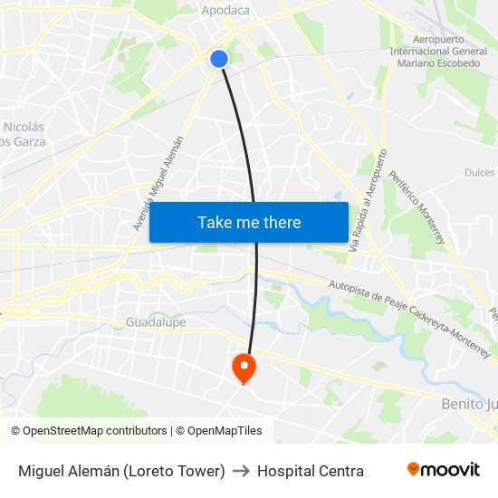 Miguel Alemán (Loreto Tower) to Hospital Centra map