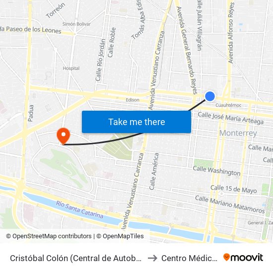 Cristóbal Colón (Central de Autobuses de Monterrey) to Centro Médico La Salle map