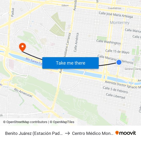 Benito Juárez (Estación Padre Mier) to Centro Médico Monterrey map