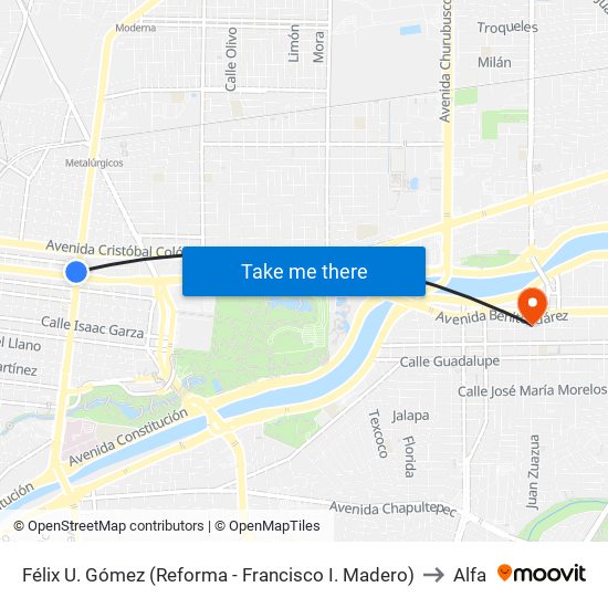Félix U. Gómez (Reforma - Francisco I. Madero) to Alfa map