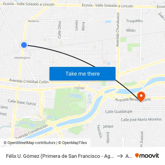 Félix U. Gómez (Primera de San Francisco - Agustín Melgar) to Alfa map