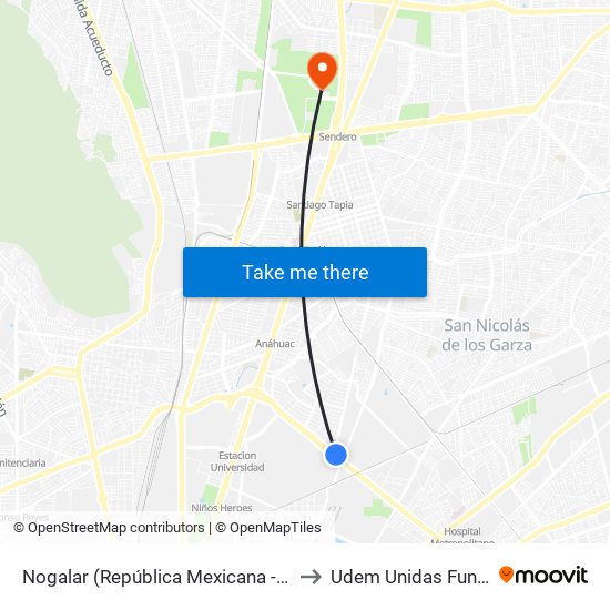 Nogalar (República Mexicana - San Nicolás) to Udem Unidas Fundadores map