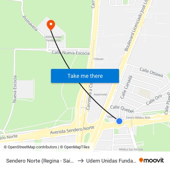 Sendero Norte (Regina - Saint John) to Udem Unidas Fundadores map