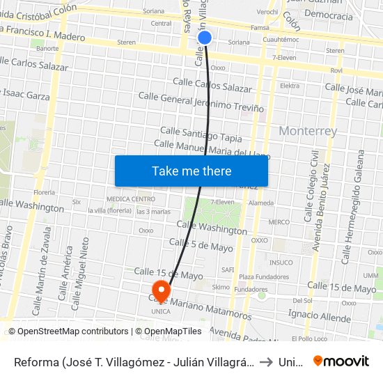 Reforma (José T. Villagómez - Julián Villagrán) to Unica map