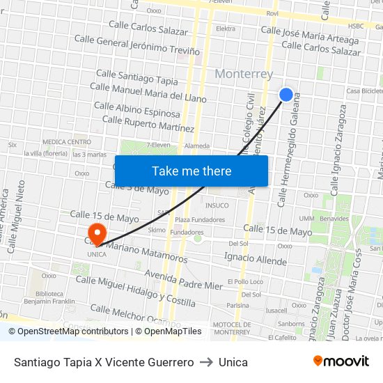 Santiago Tapia X Vicente Guerrero to Unica map