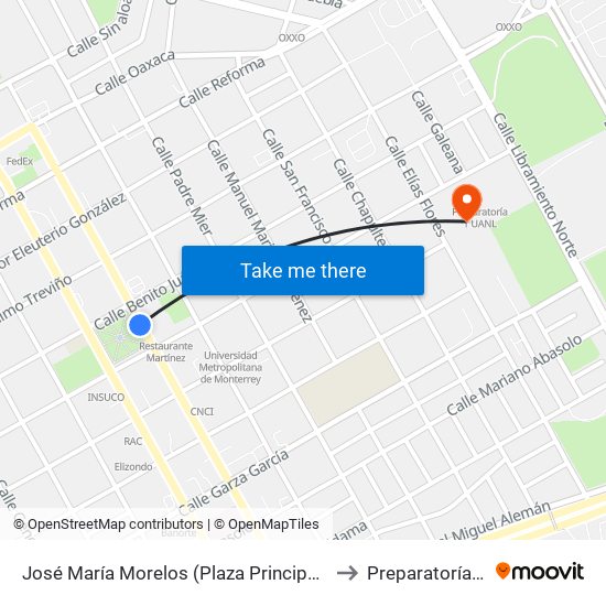 José María Morelos (Plaza Principal de Apodaca) to Preparatoría 1 Uanl map