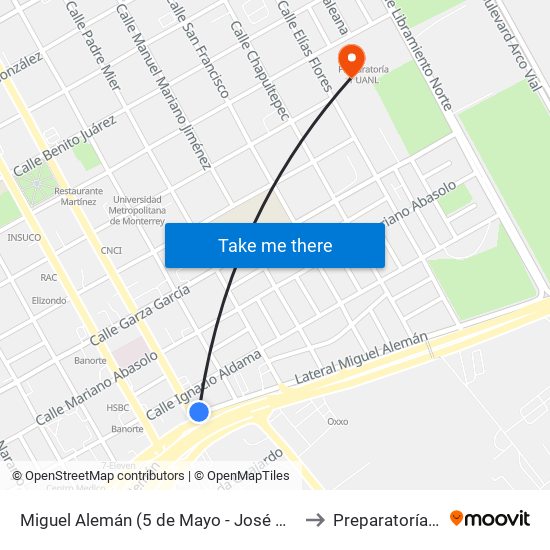 Miguel Alemán (5 de Mayo - José María Morelos) to Preparatoría 1 Uanl map