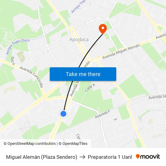 Miguel Alemán (Plaza Sendero) to Preparatoría 1 Uanl map