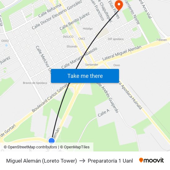 Miguel Alemán (Loreto Tower) to Preparatoría 1 Uanl map