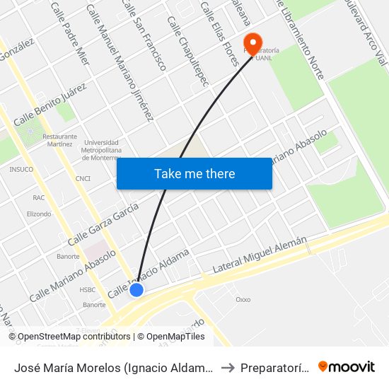 José María Morelos (Ignacio Aldama - Miguel Alemán) to Preparatoría 1 Uanl map