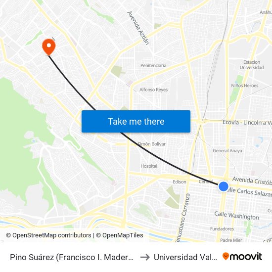 Pino Suárez (Francisco I. Madero - José María Arteaga) to Universidad Valle de México map