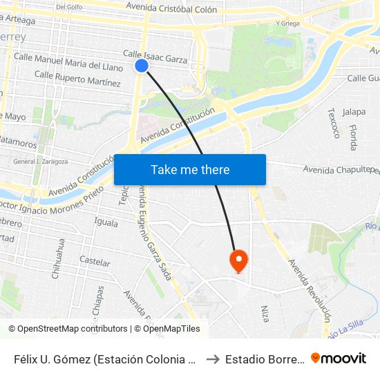 Félix U. Gómez (Estación Colonia Obrera) to Estadio Borregos map