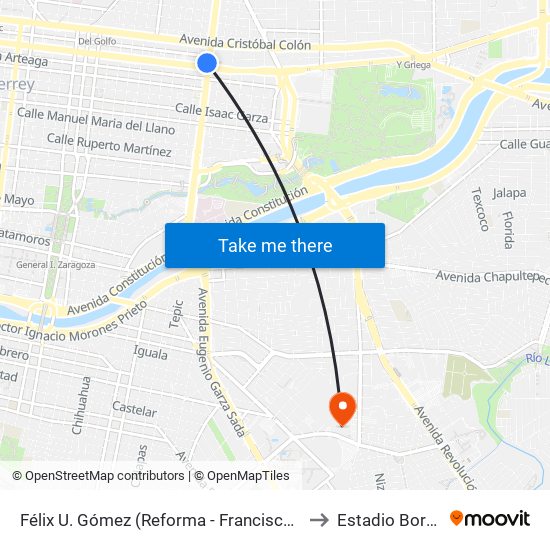 Félix U. Gómez (Reforma - Francisco I. Madero) to Estadio Borregos map