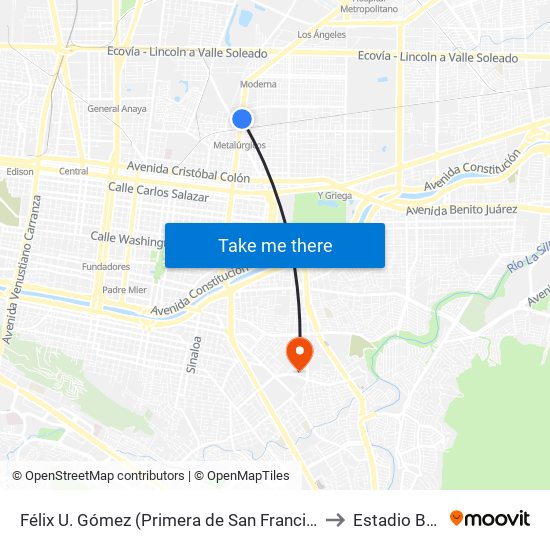 Félix U. Gómez (Primera de San Francisco - Agustín Melgar) to Estadio Borregos map