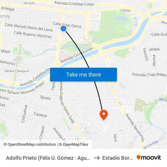 Adolfo Prieto (Félix U. Gómez - Agustín Melgar) to Estadio Borregos map
