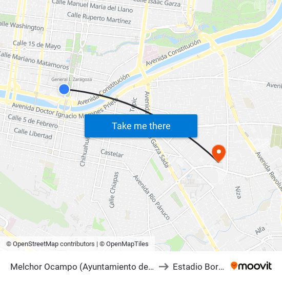 Melchor Ocampo (Ayuntamiento de Monterrey) to Estadio Borregos map