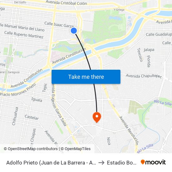 Adolfo Prieto (Juan de La Barrera - Antonio Coello) to Estadio Borregos map