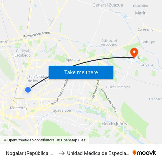 Nogalar (República Mexicana - San Nicolás) to Unidad Médica de Especialidades Pesquería (Uneme) map
