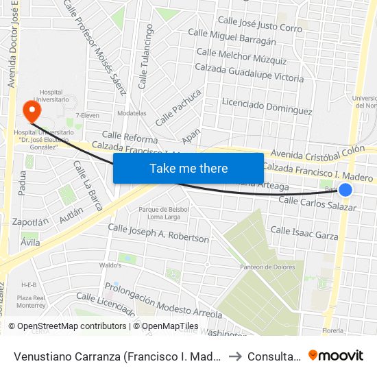 Venustiano Carranza (Francisco I. Madero - José María Arteaga) to Consulta Externa map