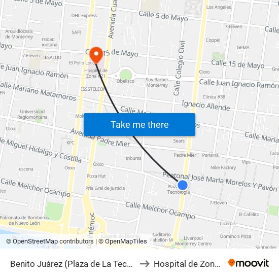 Benito Juárez (Plaza de La Tecnología) to Hospital de Zona #21 map