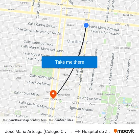 José María Arteaga (Colegio Civil - Benito Juárez) to Hospital de Zona #21 map