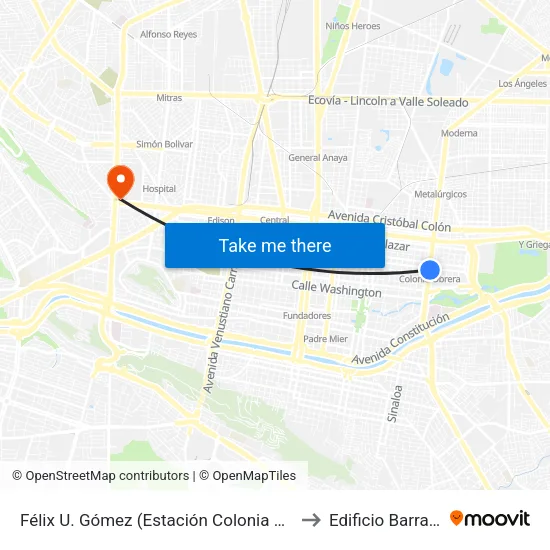 Félix U. Gómez (Estación Colonia Obrera) to Edificio Barragán map