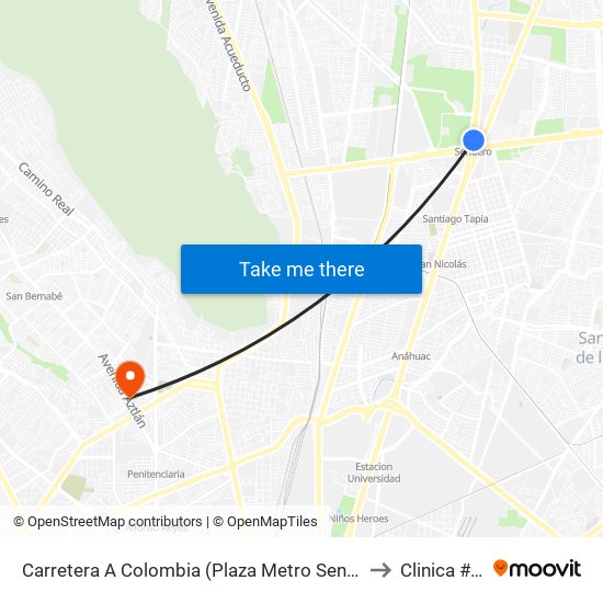 Carretera A Colombia (Plaza Metro Sendero) to Clinica #35 map