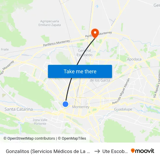 Gonzalitos (Servicios Médicos de La U.A.N.L.) to Ute Escobedo map