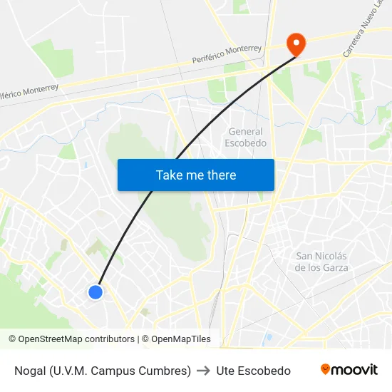 Nogal (U.V.M. Campus Cumbres) to Ute Escobedo map