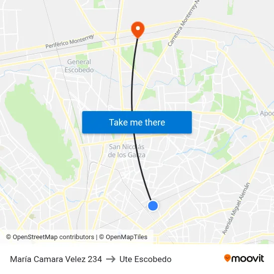 María Camara Velez 234 to Ute Escobedo map
