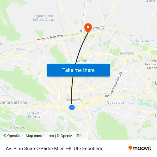 Av. Pino Suárez-Padre Mier to Ute Escobedo map